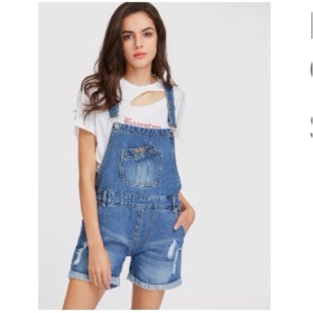 Distressed Denim Overall Shorts L/XL Womens